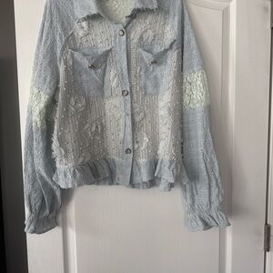 POL Light Blue Lace Button-Front Blouse with Floral Appliqué